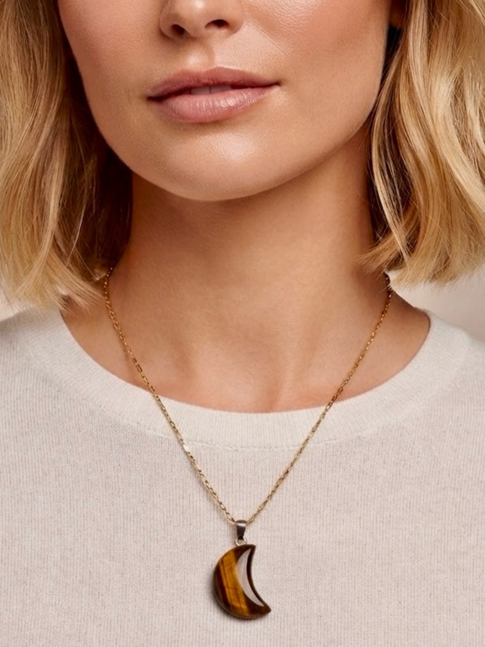 Gold like Chain Necklace with a tiger stone moon pendant